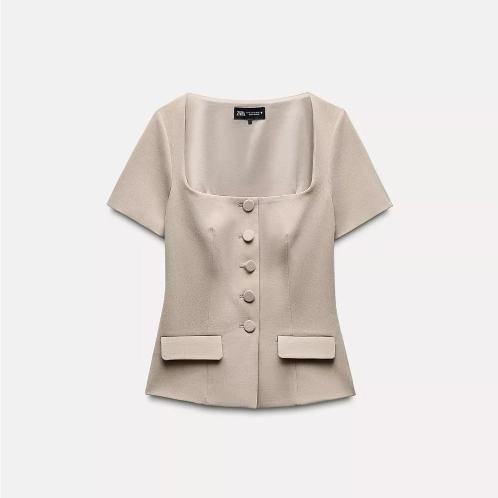 Zara Taupe Buttoned Short Sleeve Blazer